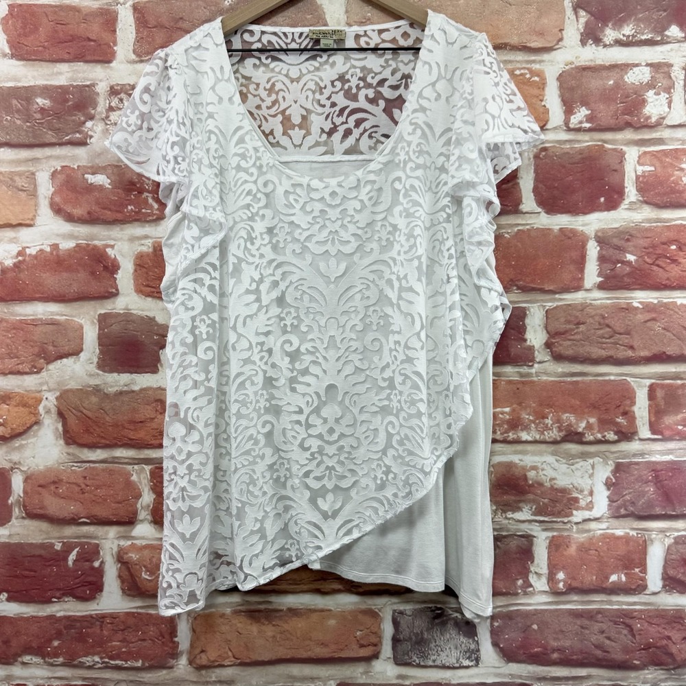 One World Top Women's 2X White Boho Floral Batik Burnout Sheer Casual Shirt